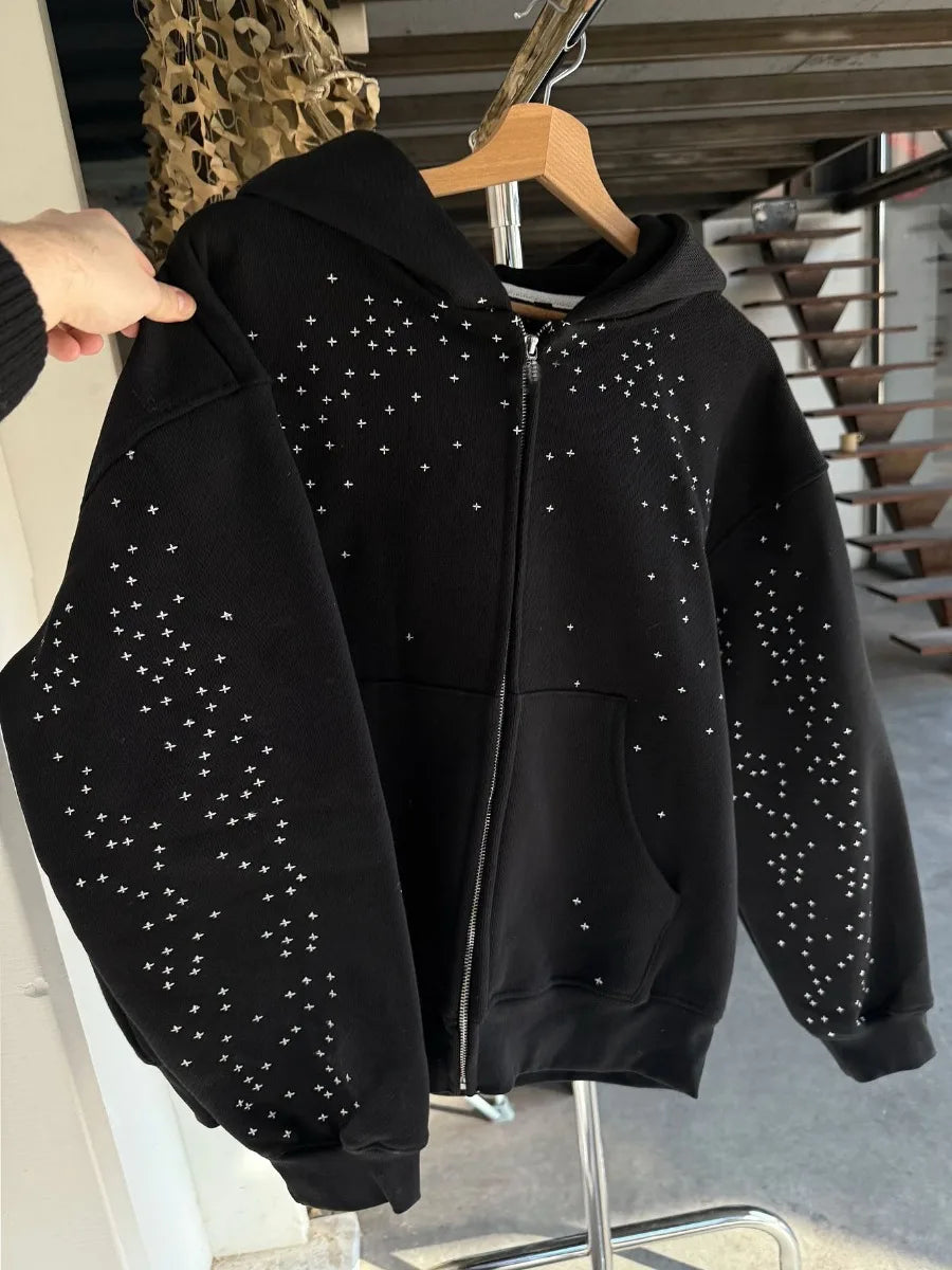 Men's American Retro Street Hip-Hop Loose Jacket Autumn Starry Hot Diamond Hooded Zipper Sweatshirt