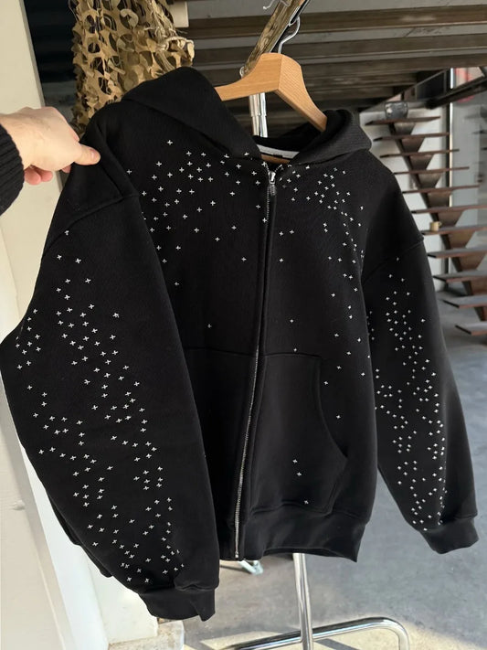 Men's American Retro Street Hip-Hop Loose Jacket Autumn Starry Hot Diamond Hooded Zipper Sweatshirt
