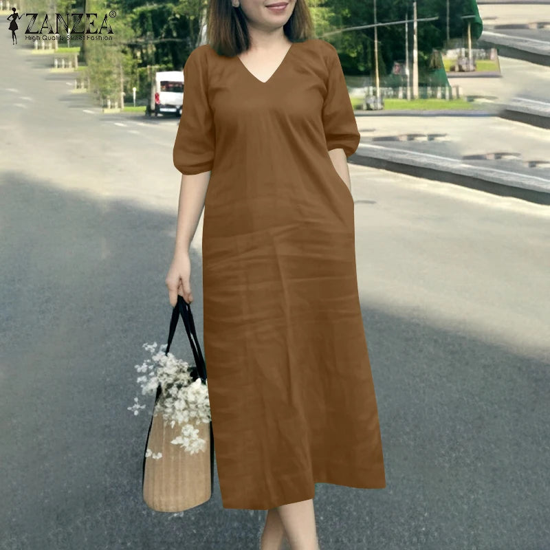 Zanzaea Women V Neck Short Sleeve Jersey Summer Dress