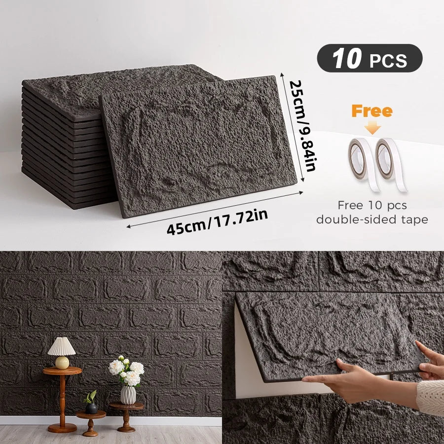 10pcs 3D Self-adhesive Stone Wall Panels 10mm thickness PU Wall Panels Wall Decor 9.84inx17.72in Suitable for indoor and outdoo