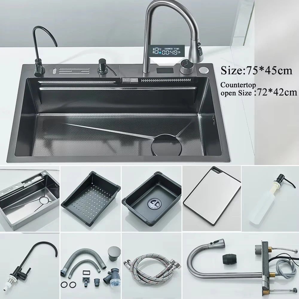 MYQualife Stainless Steel Waterfall Kitchen Sink With Digital Display Faucet