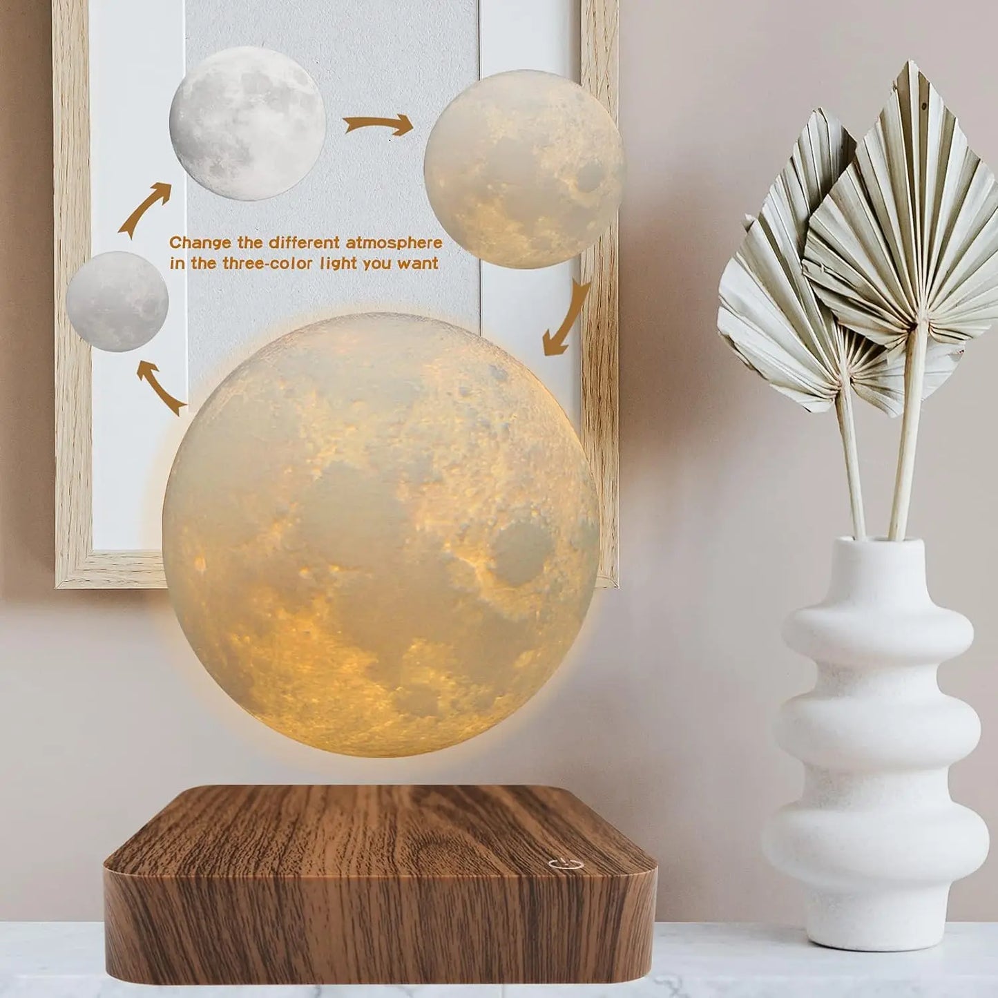Mexllex Magnetic Floating Moon Lamp, Wooden Base, 3 Color LED