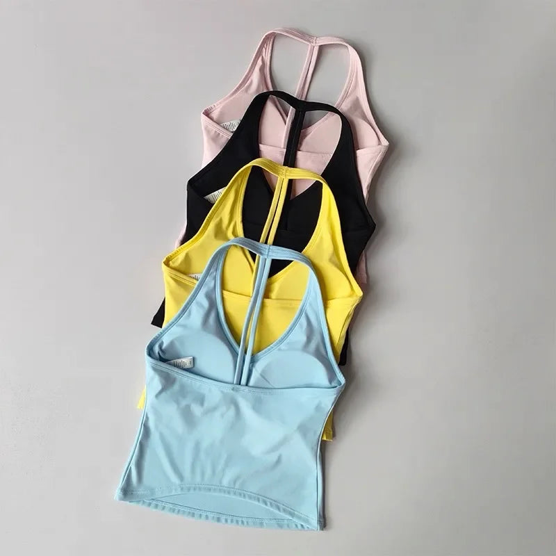 Women's Sexy V-Neck Fitness Bra Nude Sports Bra Hanging Neck Yoga Suit Vest Comfortable Breathable Gym Top for Active Wear