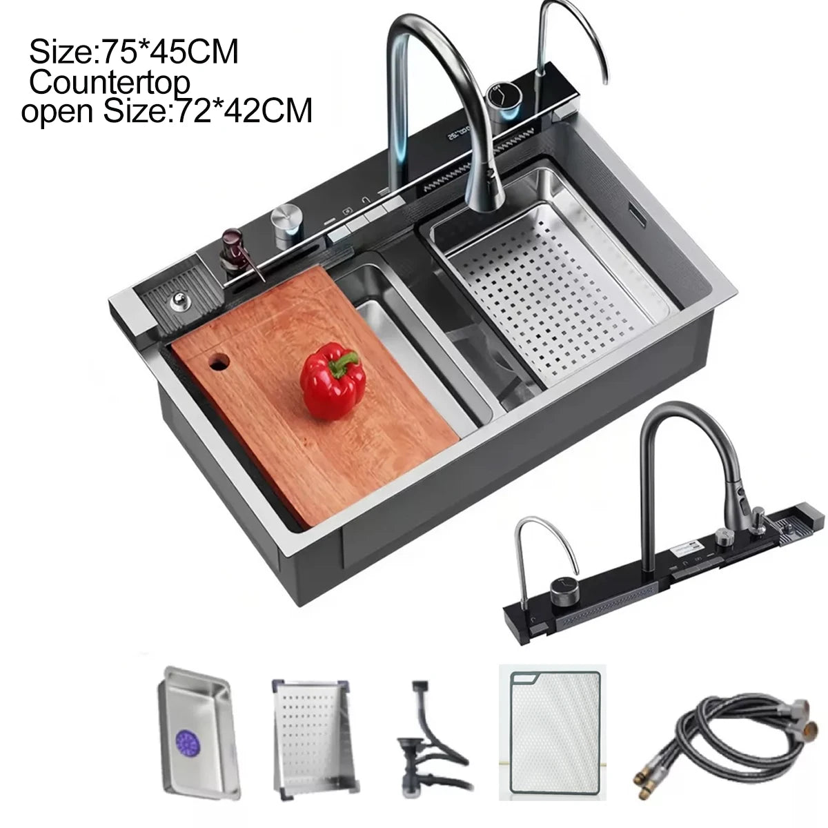 Stainless Steel Waterfall Kitchen Sink Faucet Set With Digital Display