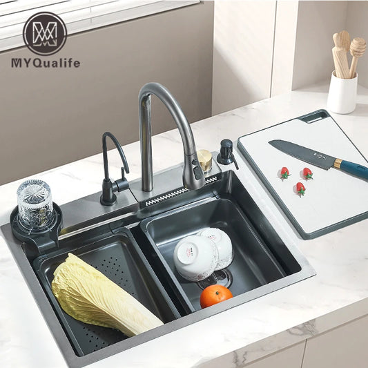 MYQualife 304 Stainless Steel Waterfall Kitchen Sink Faucet Set