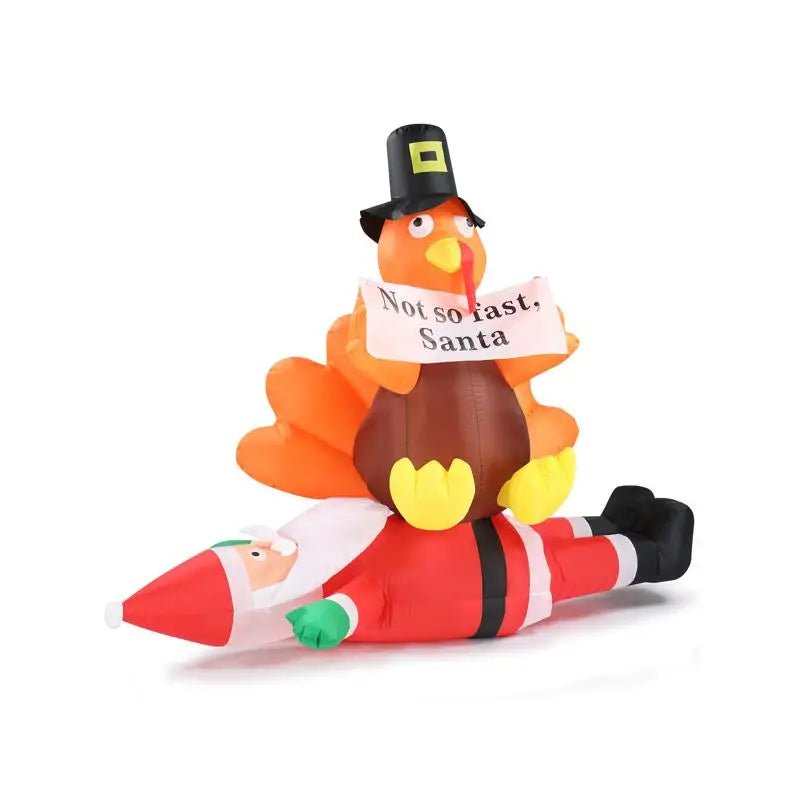 4.9 FT Lighted Inflatable Decoration, Turkey Sitting on Santa Claus, Funny Blow Up Yard Decor with Built-in LED Lights for