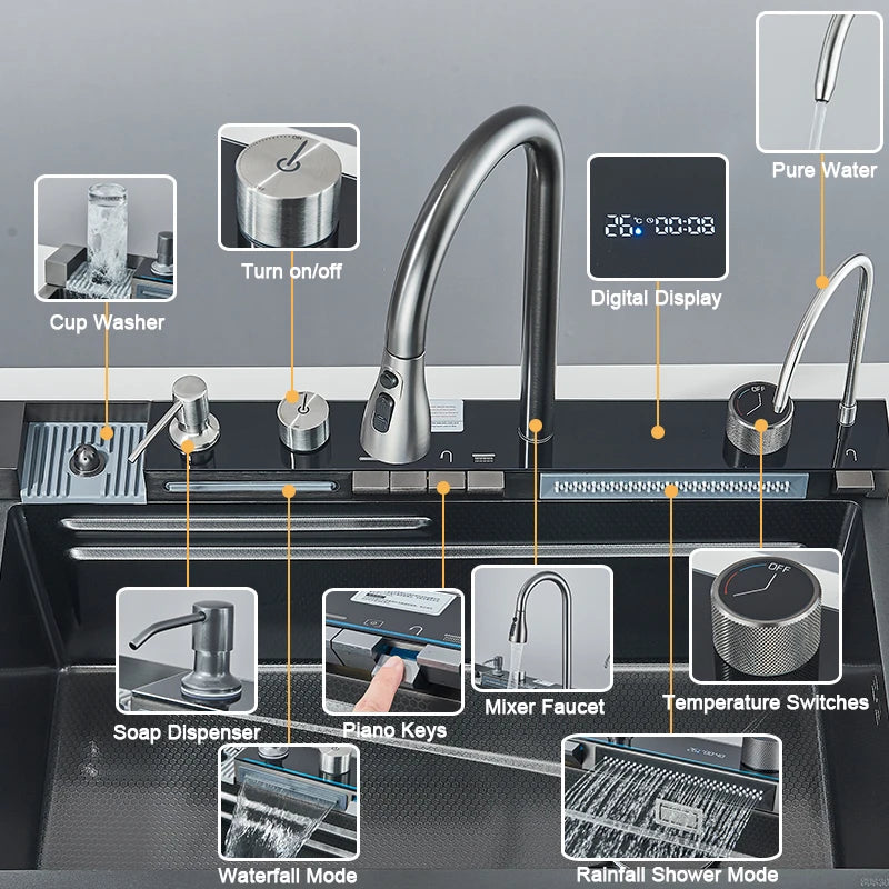 Rozin 304 Stainless Steel Kitchen Sink With Digital Waterfall Faucet