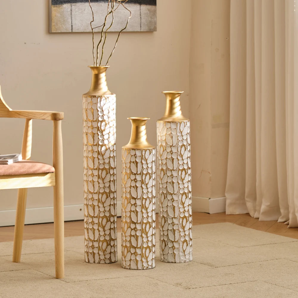 Modern Gold Leaf Pattern Metal Floor Vases Set of 3 Tall Decorative Vases 24/28/32.3 Inch Home Living Room Decor