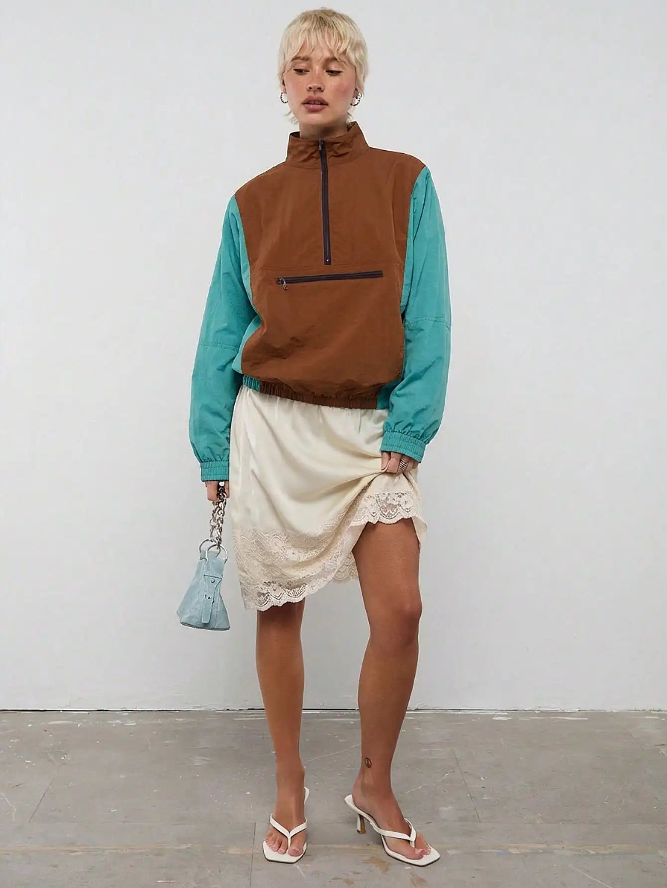 Colorblock Nylon Half-Zip Jacket For Women Streetwear Casual Sporty Outfit