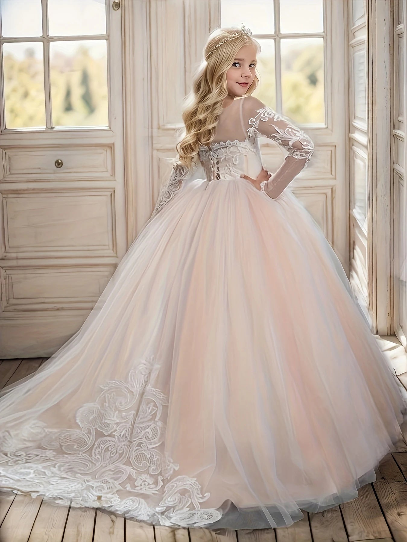 Lace Embroidery Sheer Long Sleeves Kids Trailing Gowns