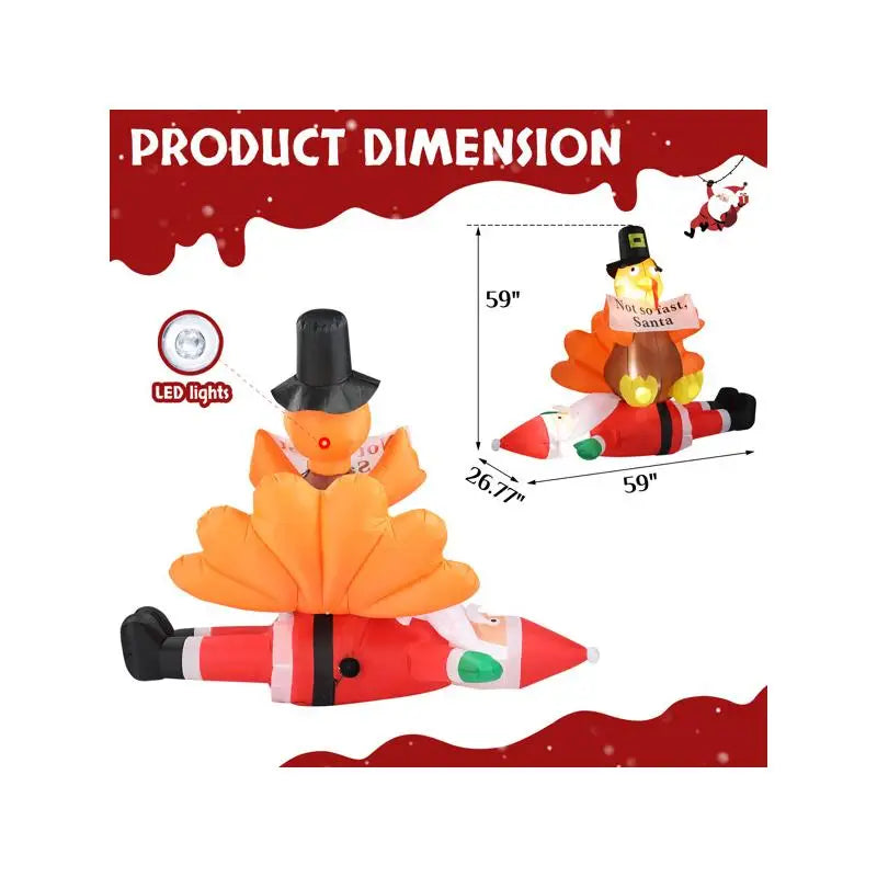 4.9 FT Lighted Inflatable Decoration, Turkey Sitting on Santa Claus, Funny Blow Up Yard Decor with Built-in LED Lights for