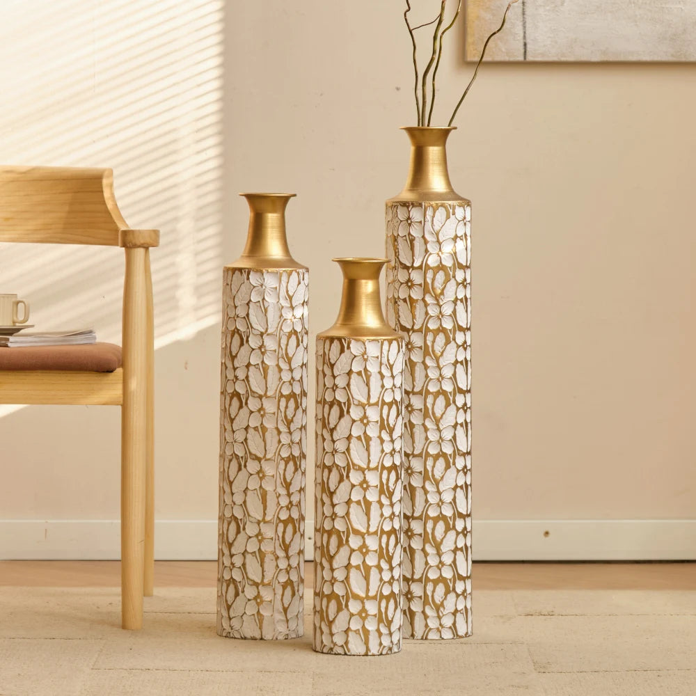 Modern Gold Leaf Pattern Metal Floor Vases Set of 3 Tall Decorative Vases 24/28/32.3 Inch Home Living Room Decor