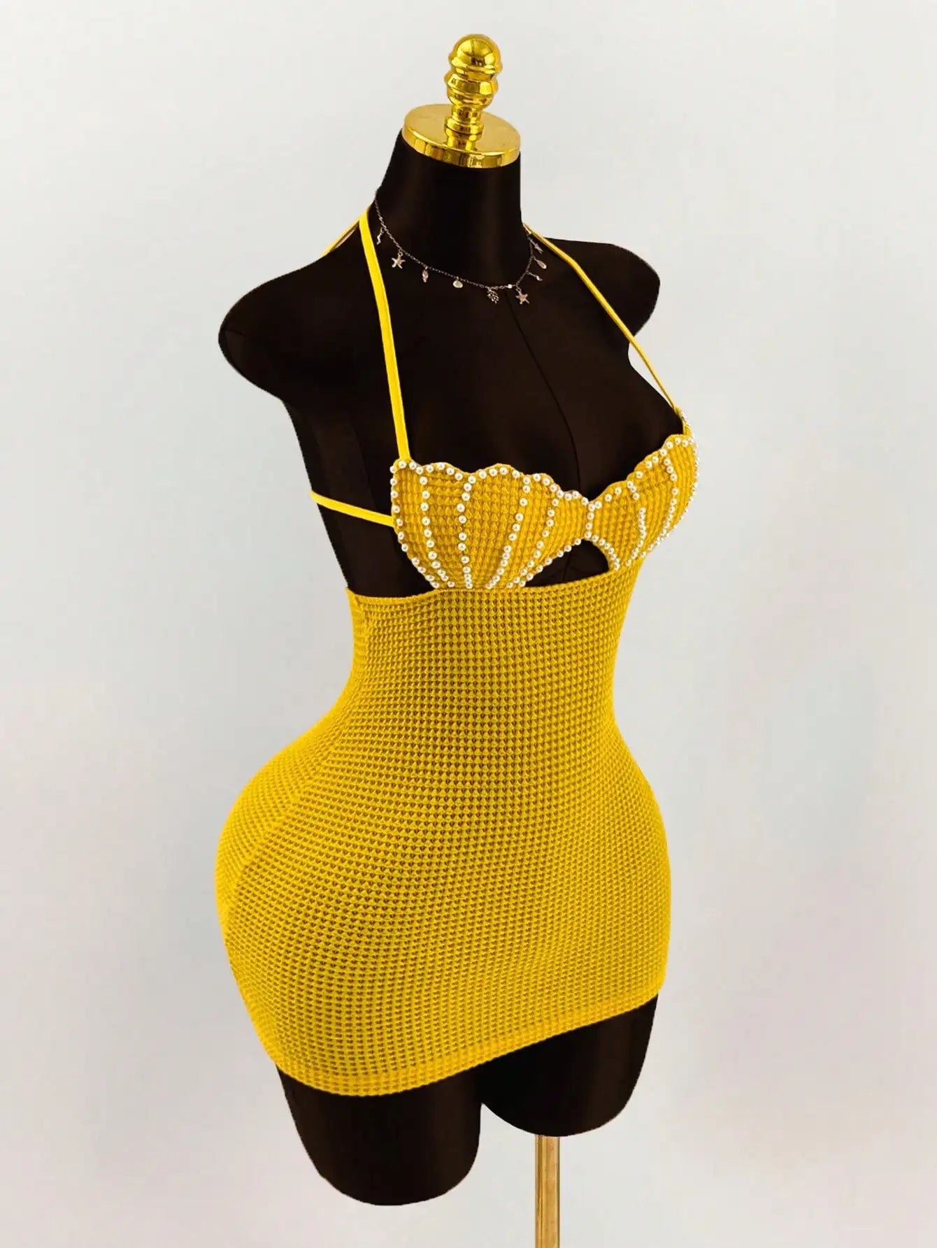 Pearl Shell Halter Backless Mini Bodycon Dress Crochet Bikini