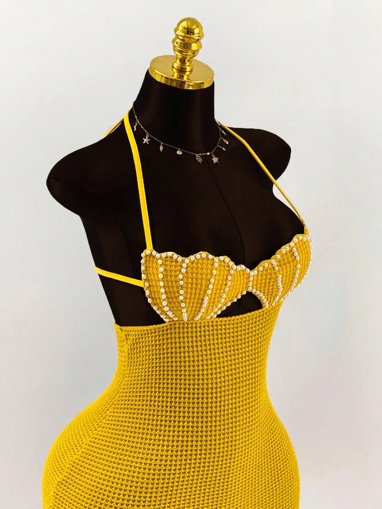 Pearl Shell Halter Backless Mini Bodycon Dress Crochet Bikini