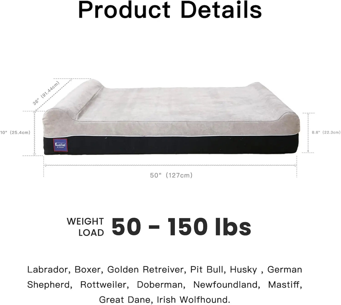 Extra Large Orthopedic Memory Foam Dog Bed with Waterproof Liner and Removable Cover, 50x36x10 Inches, Slate Grey