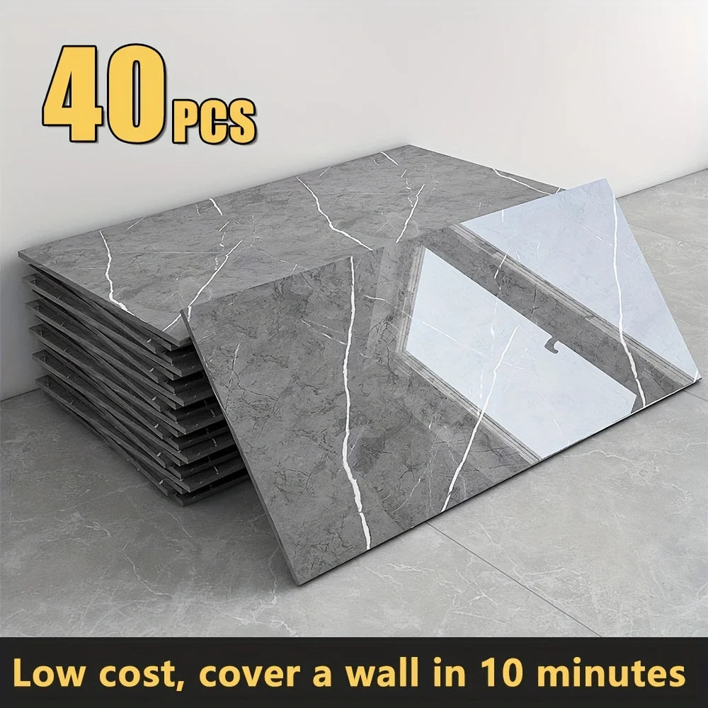 20/40pcs Glossy Marble Pattern Wall Panels Wall Sticker Set, Self-Adhesive Detachable PVC Wall Panels Wall Decals, Waterproof P
